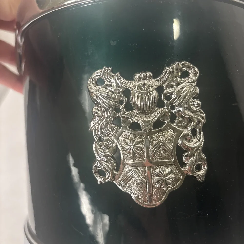 Vintage MCM Barware Ice Bucket~Crest~Dark Green/Silver~ Star Pattern